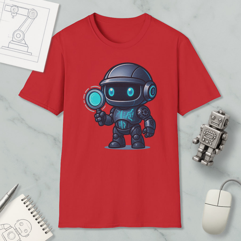 a red t-shirt with a cartoon robot design, along with various objects such as a computer mouse, a notebook, and a pen.