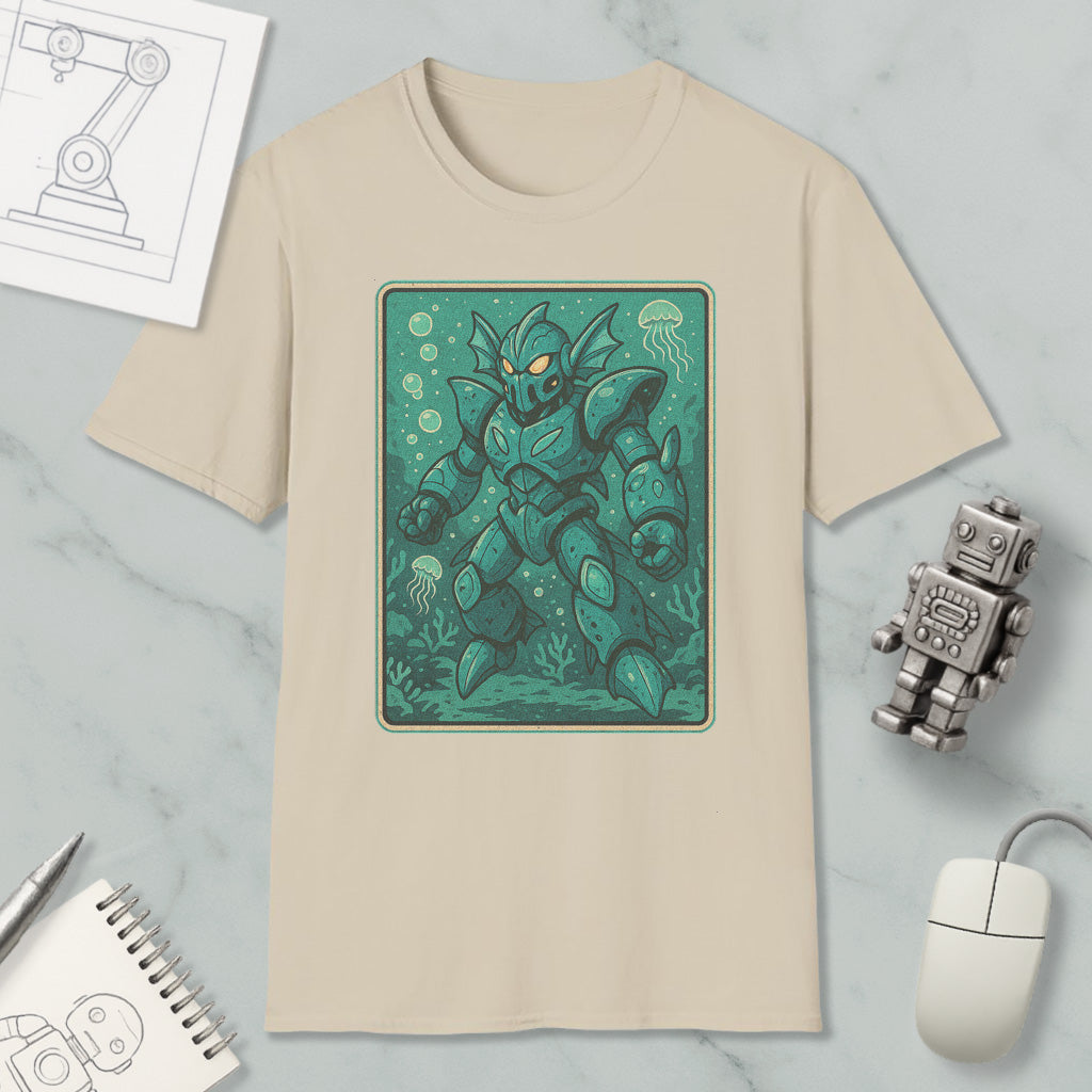a beige t-shirt with a graphic design depicting a green armored figure, surrounded by bubbles and marine life, such as jellyfish. The t-shirt is placed on a marble surface, along with a computer mouse, a pen, and a notebook.