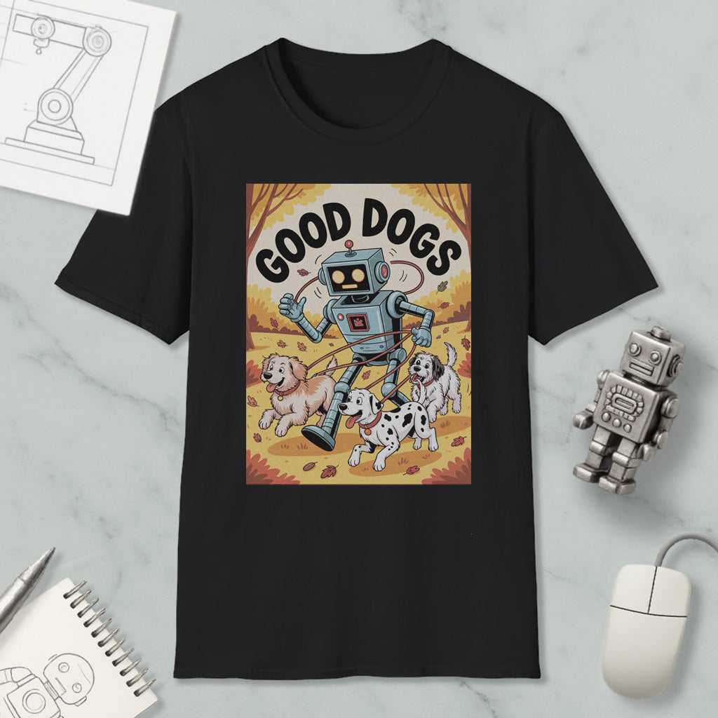a black t-shirt with a graphic design depicting a robot walking with three dogs, accompanied by the text "GOOD DOGS".