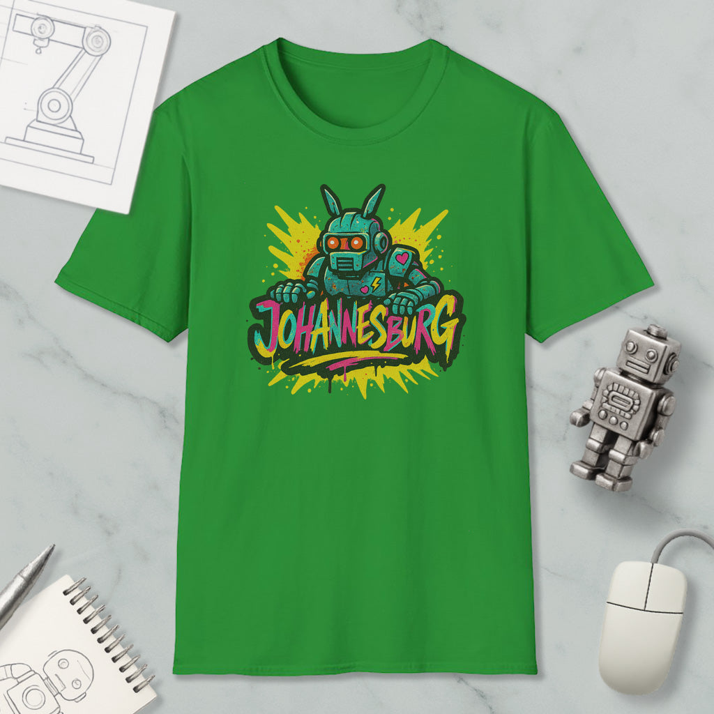 a green t-shirt with a graphic design of a robot or robot-like character, along with the text "Johannesburg" written below it. The t-shirt is displayed on a marble surface, accompanied by a computer mouse, a spiral notebook, and a small robot figurine.