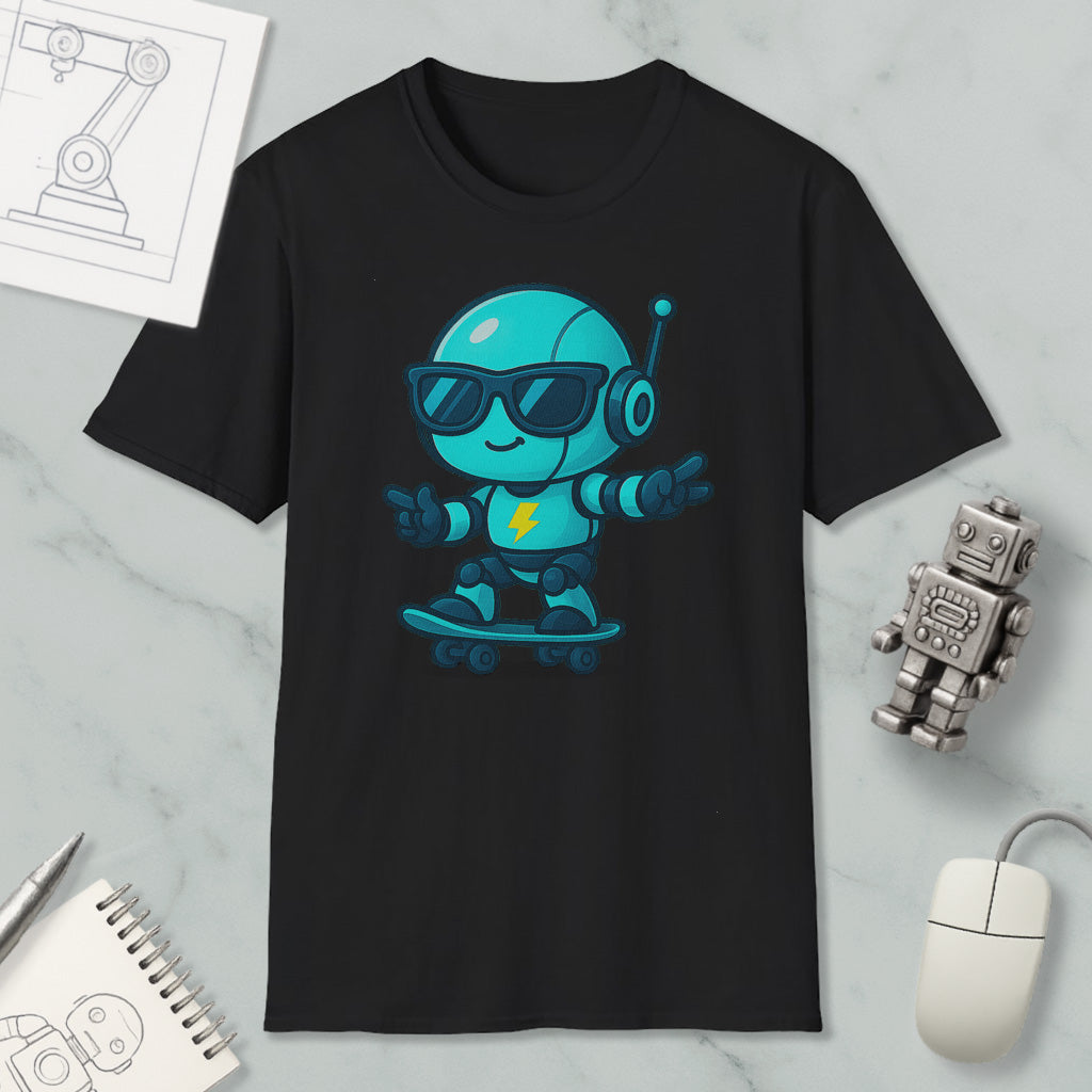 a black t-shirt with a graphic of a robot riding a skateboard, along with a small robot toy and a computer mouse.