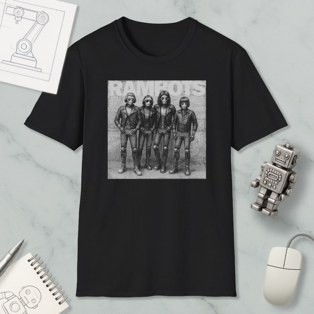 a black and white photograph of four people, likely representing the members of a rock band, with the word "RAMBOTS" prominently displayed above them.