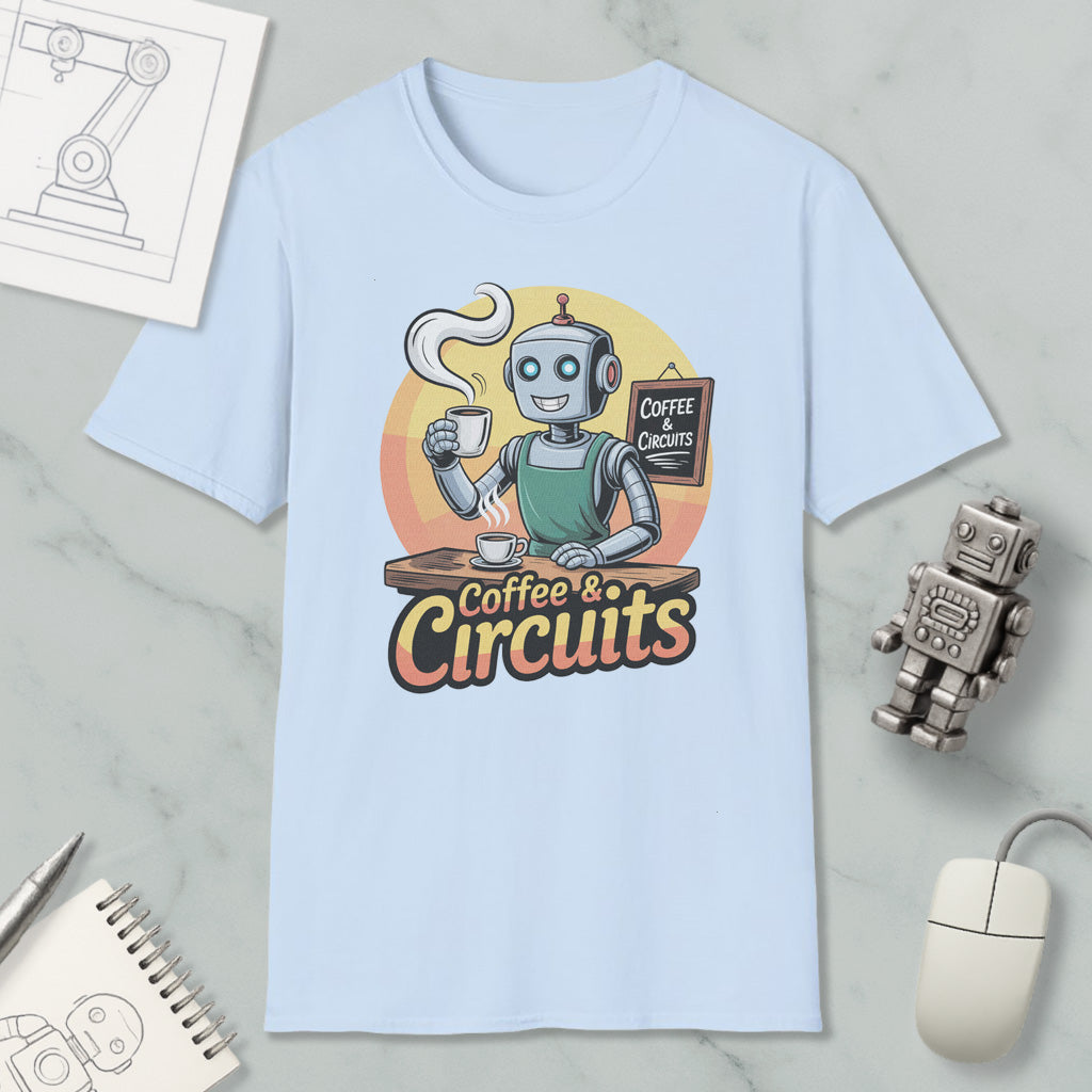 A light blue t-shirt with a graphic design depicting a robot holding a cup of coffee and a sign that says "Coffee & Circuits". The t-shirt is surrounded by various objects, including a computer mouse, a notebook, and a robot figurine.