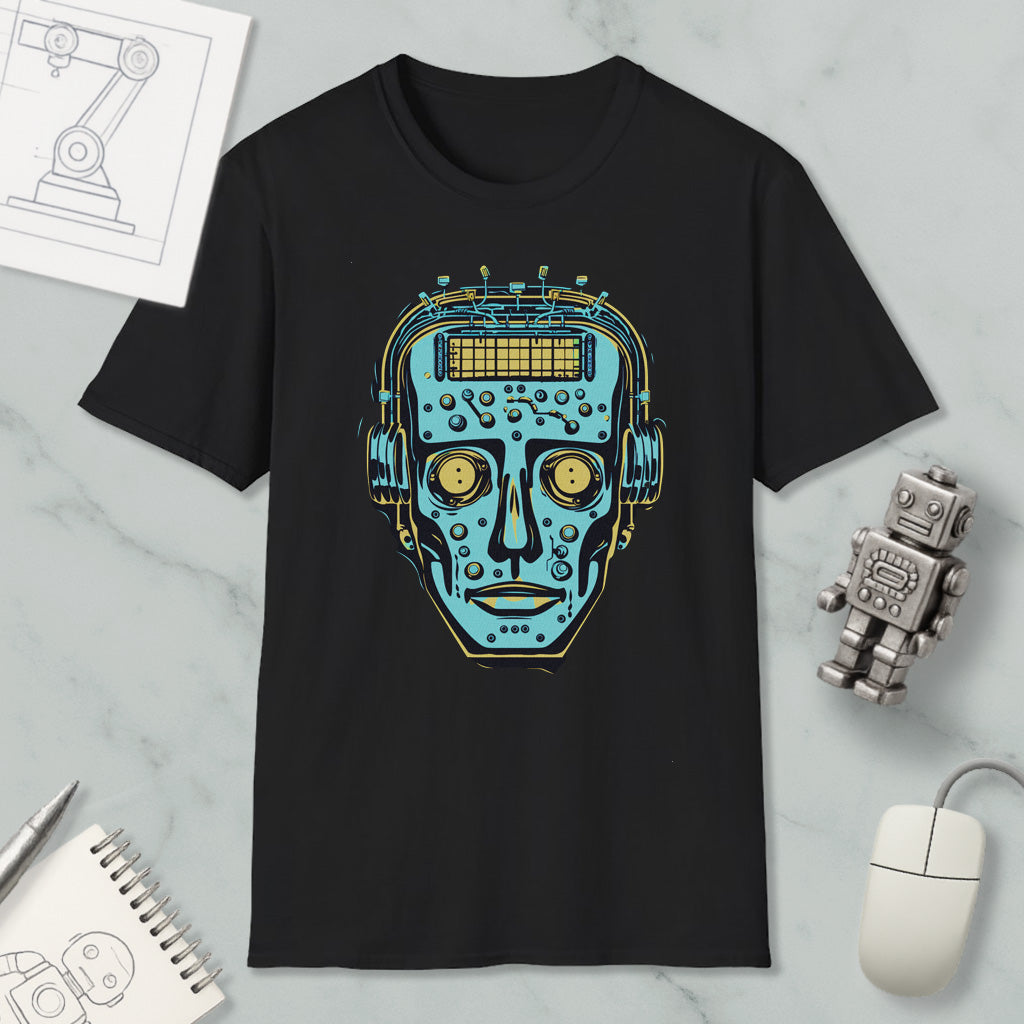 a black t-shirt with a colorful graphic design depicting a robot or humanoid face, surrounded by various objects such as a computer mouse, a notebook, and a pen.