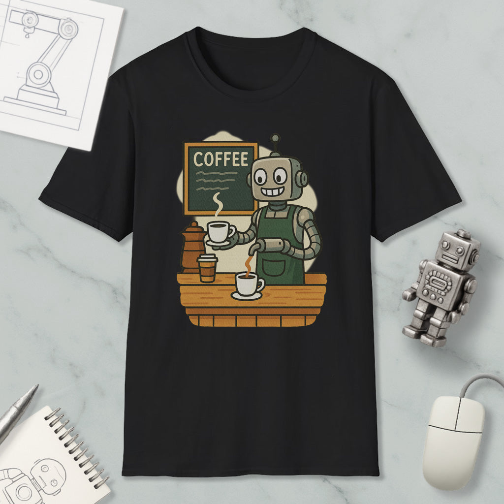 a black t-shirt with a cartoon illustration of a robot serving coffee, accompanied by a coffee cup and a coffee machine.