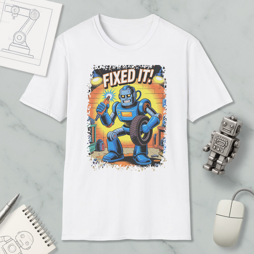 a white t-shirt with a graphic design depicting a robot holding a wrench and the text "FIXED IT!"