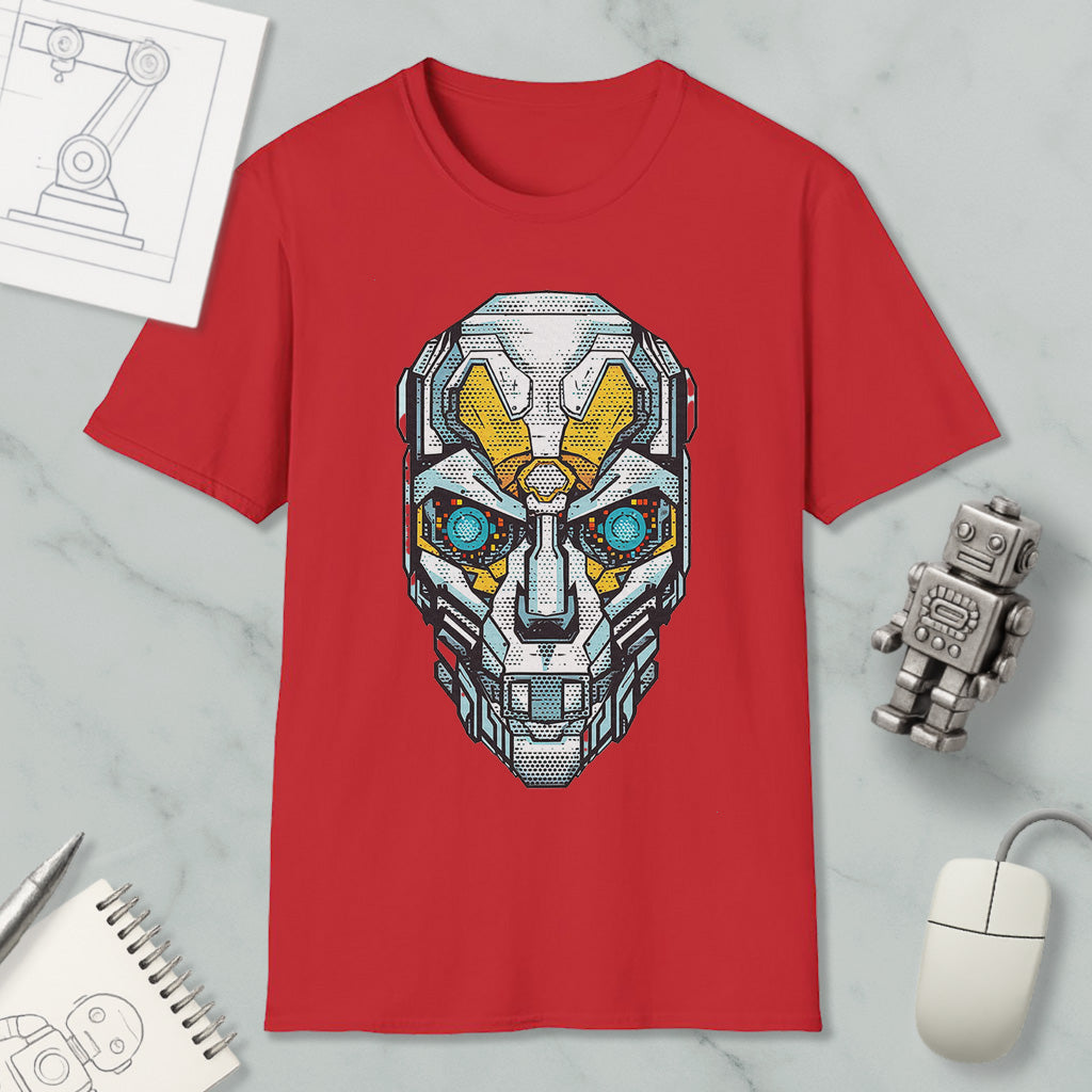 a red t-shirt with a graphic design of a robot or cyborg face, along with various objects such as a computer mouse, a notebook, and a pen.