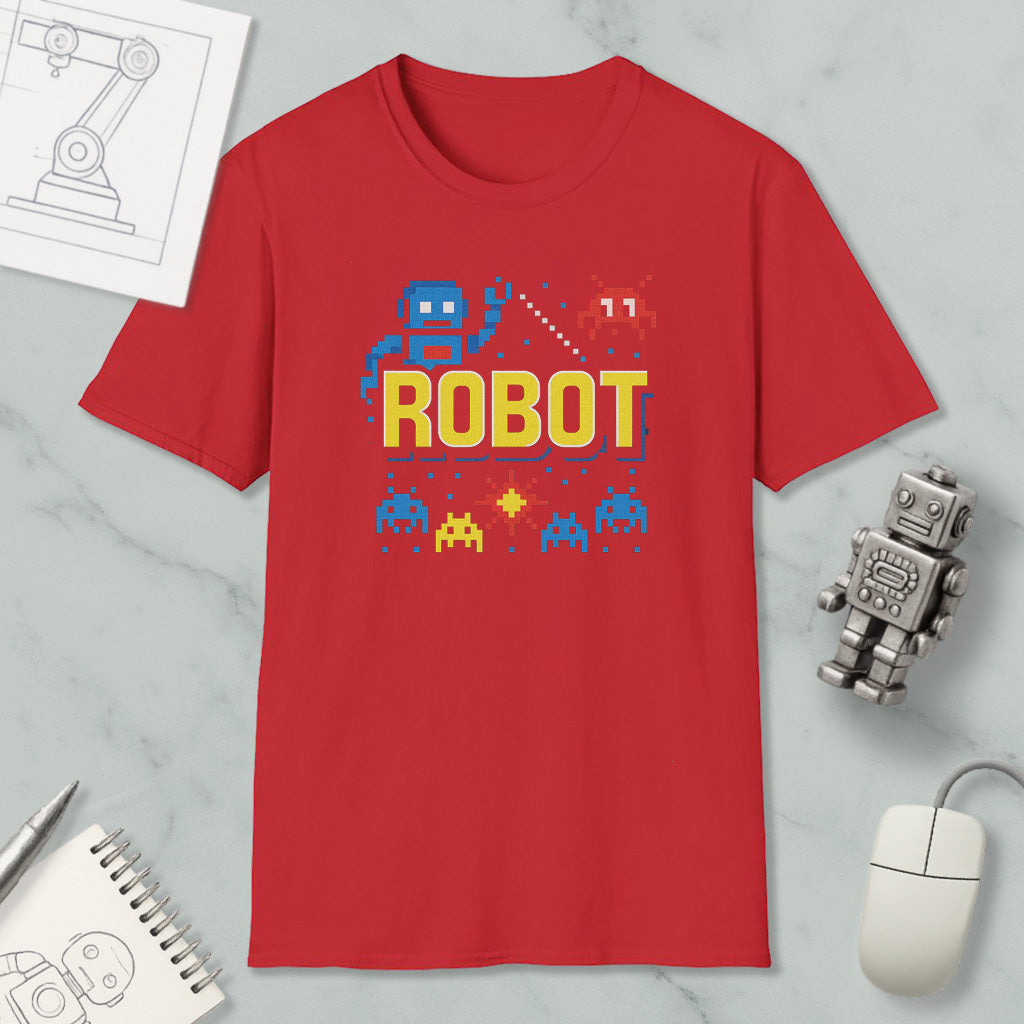 a red t-shirt with a robot graphic and the word "ROBOT" printed on it, along with various computer-related items such as a mouse, a keyboard, and a computer mouse.