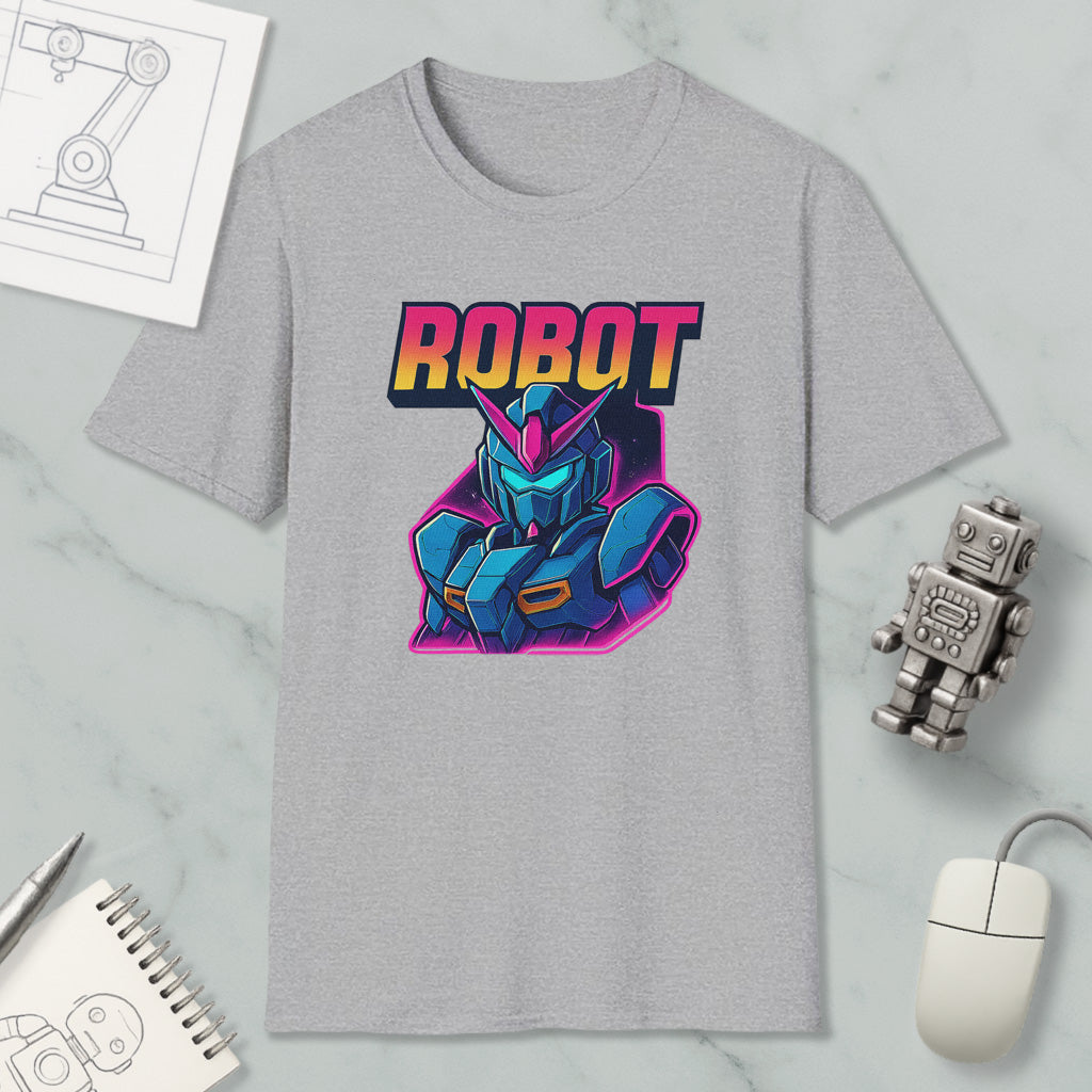 a gray t-shirt with a graphic of a robot character, along with various objects such as a computer mouse, a notebook, and a pen.