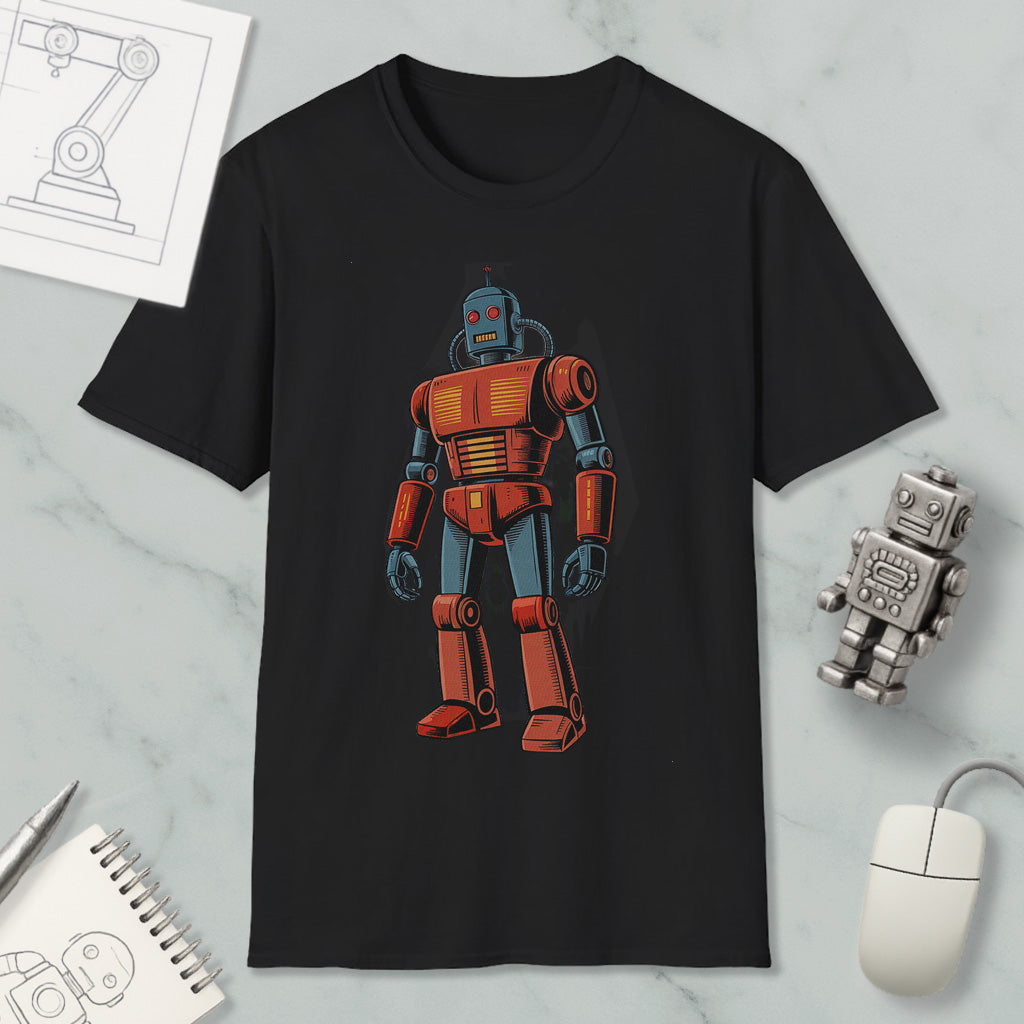 a black t-shirt with a colorful illustration of a robot, along with various objects such as a mouse, a notebook, and a pen.