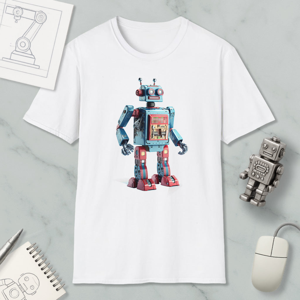 a white t-shirt with a colorful robot design printed on it, along with various objects such as a computer mouse, a pen, and a notebook.