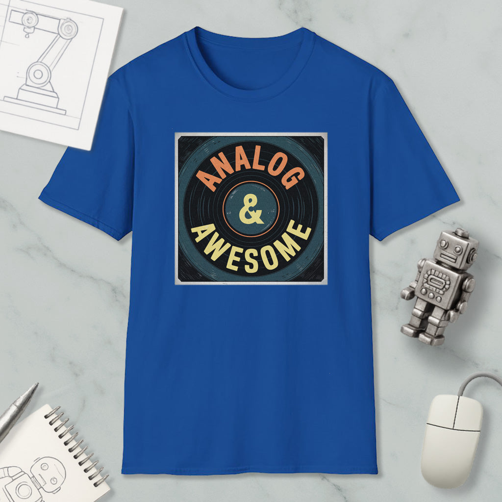 a blue t-shirt with a graphic design that says "ANALOG & AWESOME" on it, along with a robot and a computer mouse.