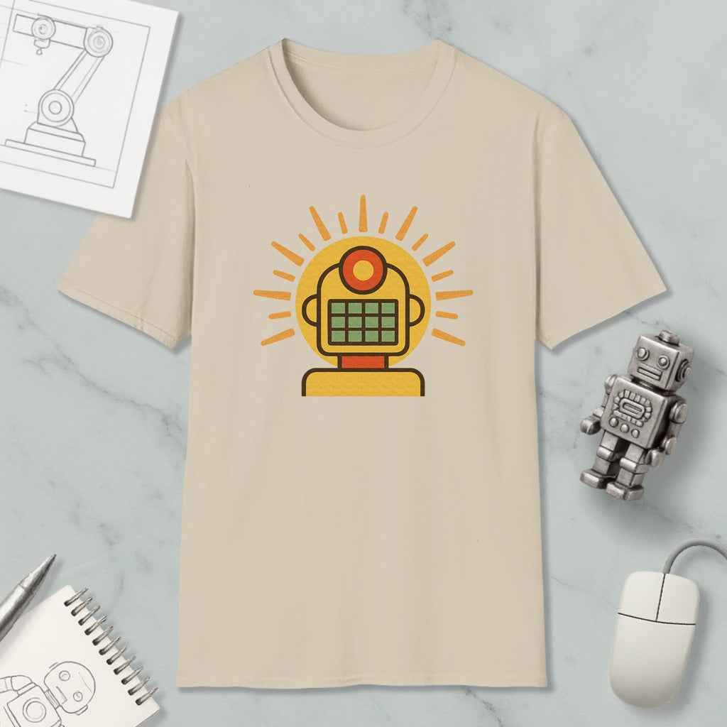 a beige t-shirt with a yellow robot graphic, a computer mouse, a notebook, and a small robot figurine on a marble surface.