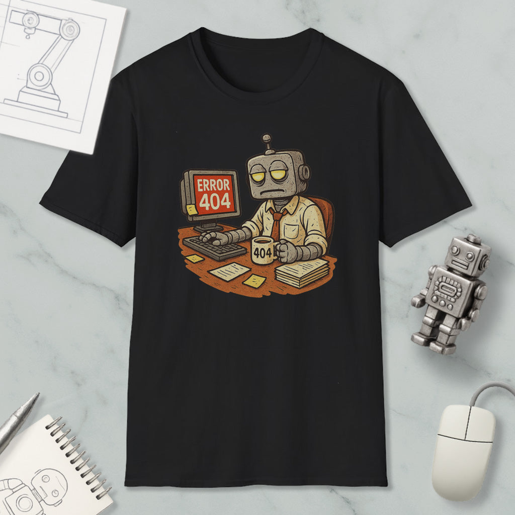 a black t-shirt with a cartoon robot sitting at a desk, holding a computer monitor displaying an error message that reads " Error 404". The t-shirt is surrounded by various objects, including a mouse, a notebook, and a robot figurine.