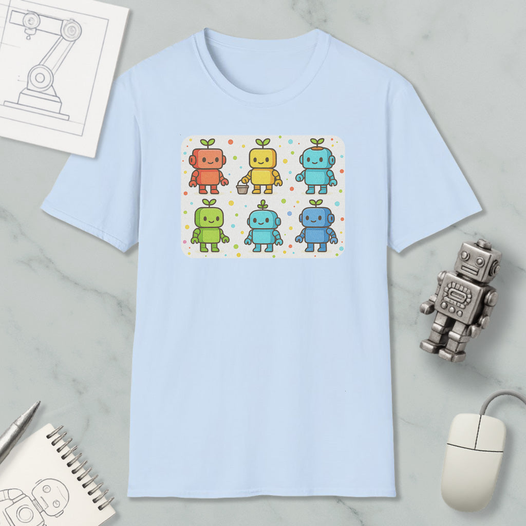 a light blue t-shirt with a colorful graphic of six cartoon robots, each with a unique design and color. The t-shirt is displayed on a marble surface, along with various objects such as a computer mouse, a spiral notebook, and a small robot figurine.
