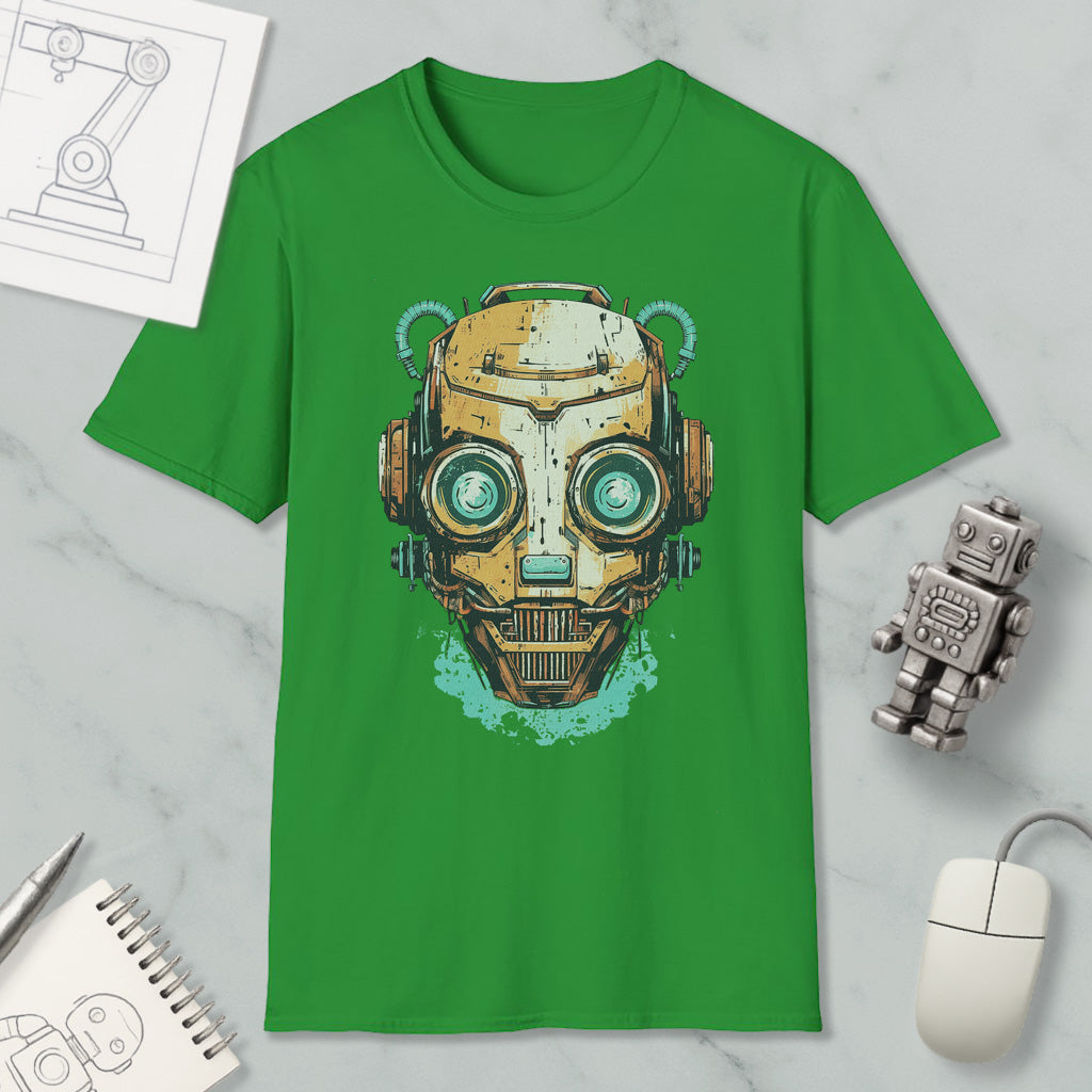 a green t-shirt with a graphic design of a robot or cyborg head, along with various objects such as a computer mouse, a notebook, and a pen.
