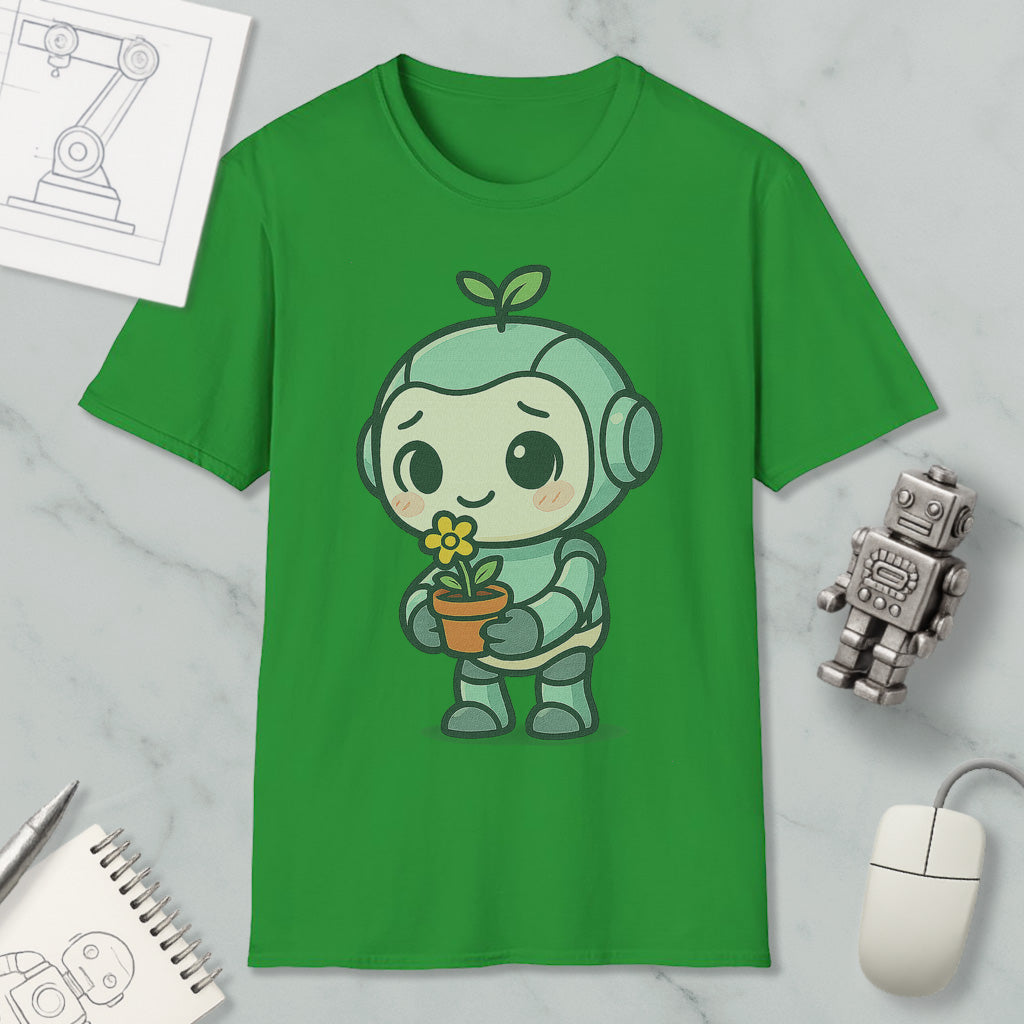 a green t-shirt with a cartoon robot holding a flower, surrounded by various objects such as a computer mouse, a notebook, and a robot figurine.