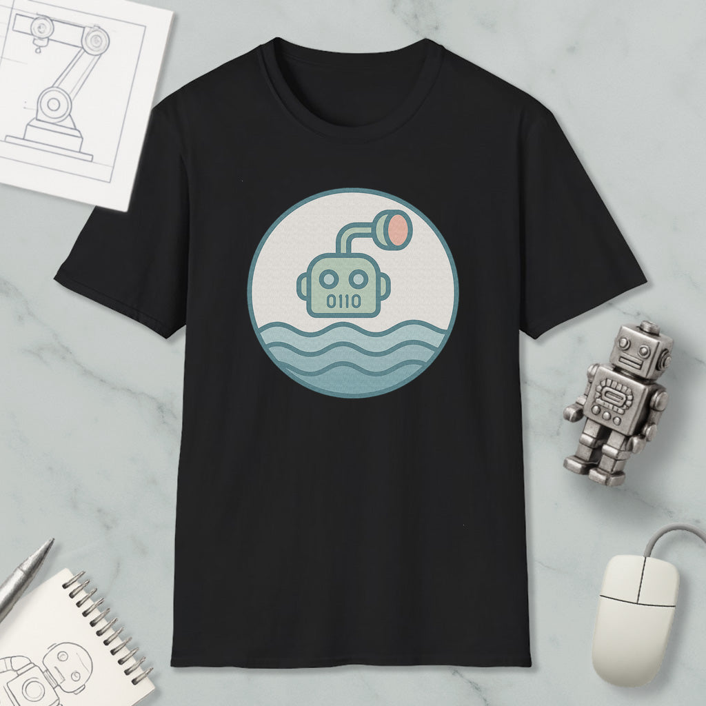 a black t-shirt with a graphic design of a robot or submarine in the water, along with a computer mouse, a notebook, and a pen on a marble surface.