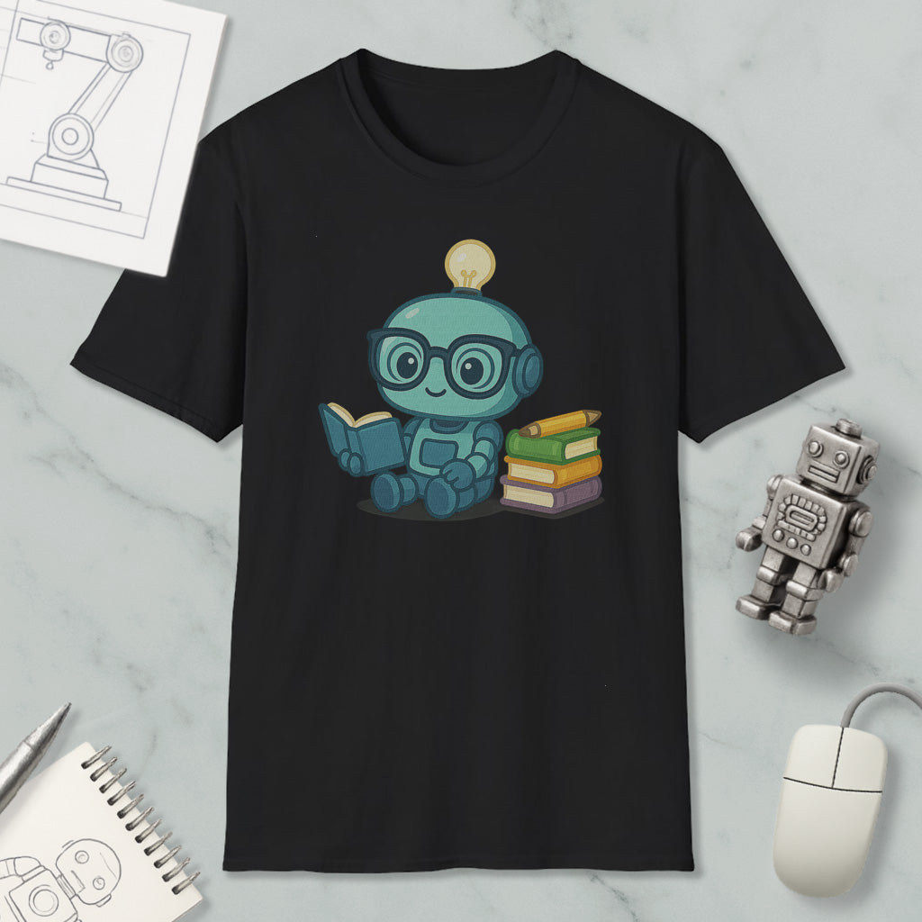 A black t-shirt with a cartoon robot character reading a book, surrounded by various objects such as a computer mouse, a notebook, and a robot figurine.