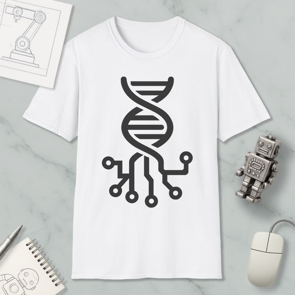 a white t-shirt with a black graphic design depicting a DNA double helix, surrounded by various technological elements such as a computer mouse, a robot, and a notebook.