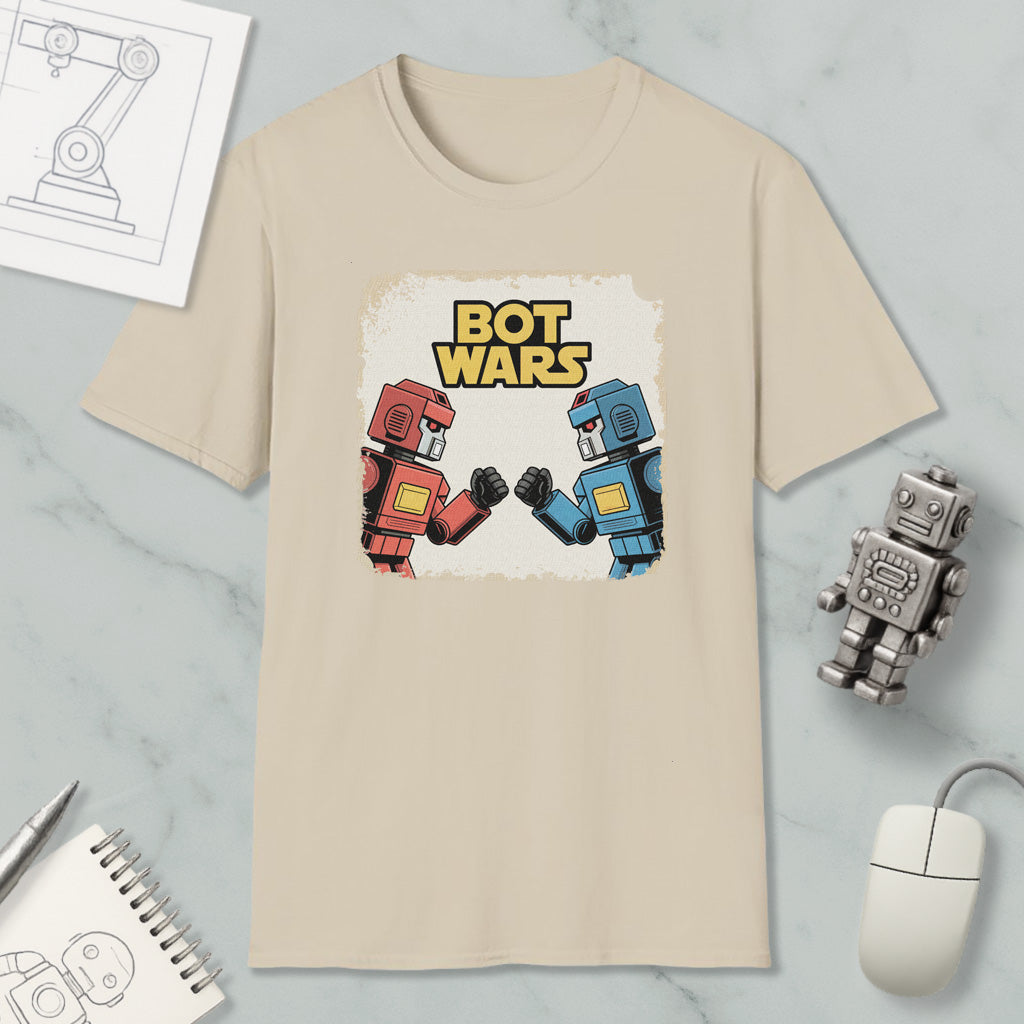 a beige t-shirt with a graphic design of two robot characters, one in red and the other in blue, engaged in a battle or fight. The text "BOT WARS" is displayed above the characters, suggesting a theme related to robots or artificial intelligence.