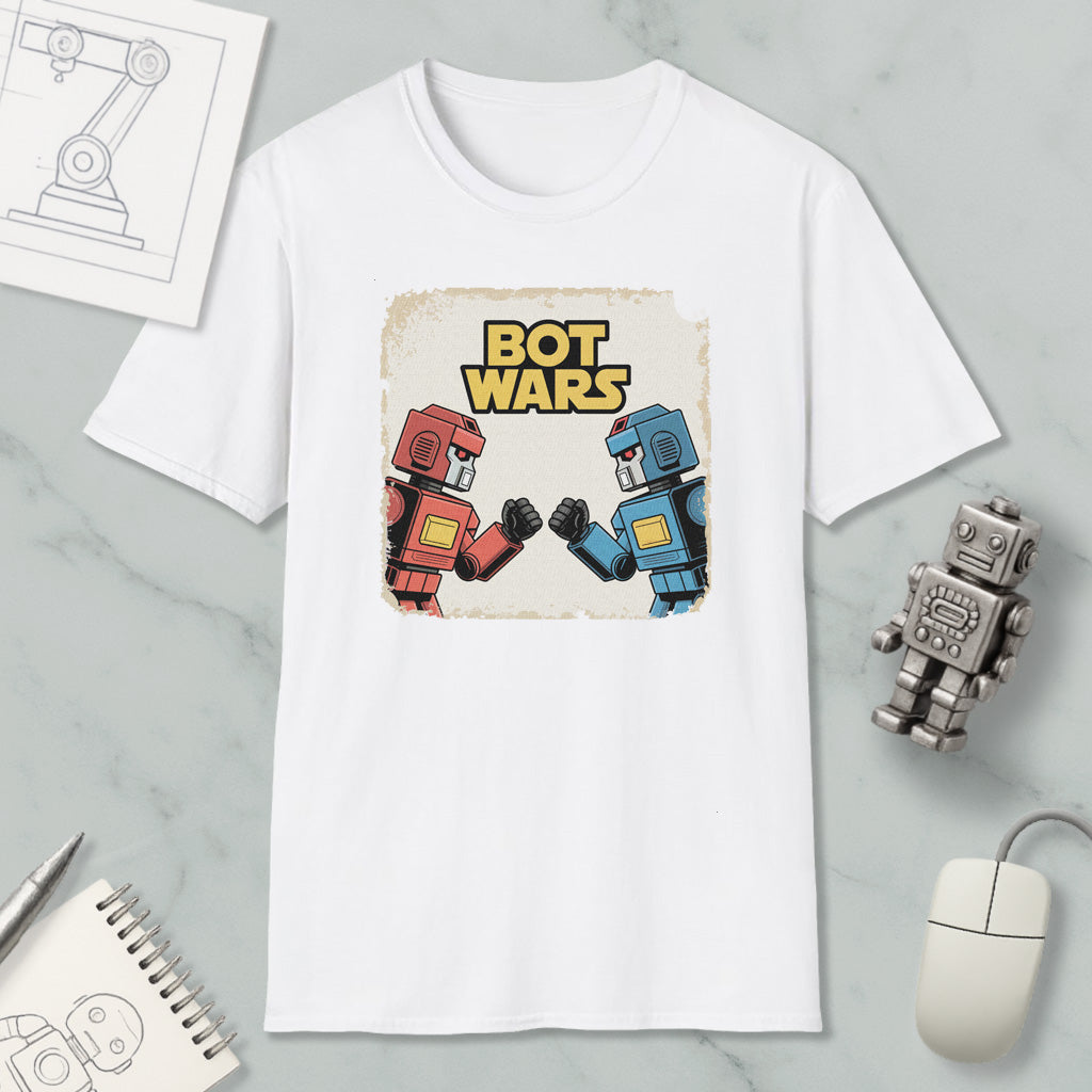 a white t-shirt with a graphic design of two robot characters, one in red and the other in blue, engaged in a battle or fight. The text "BOT WARS" is displayed above the characters, suggesting a theme related to robots or artificial intelligence.