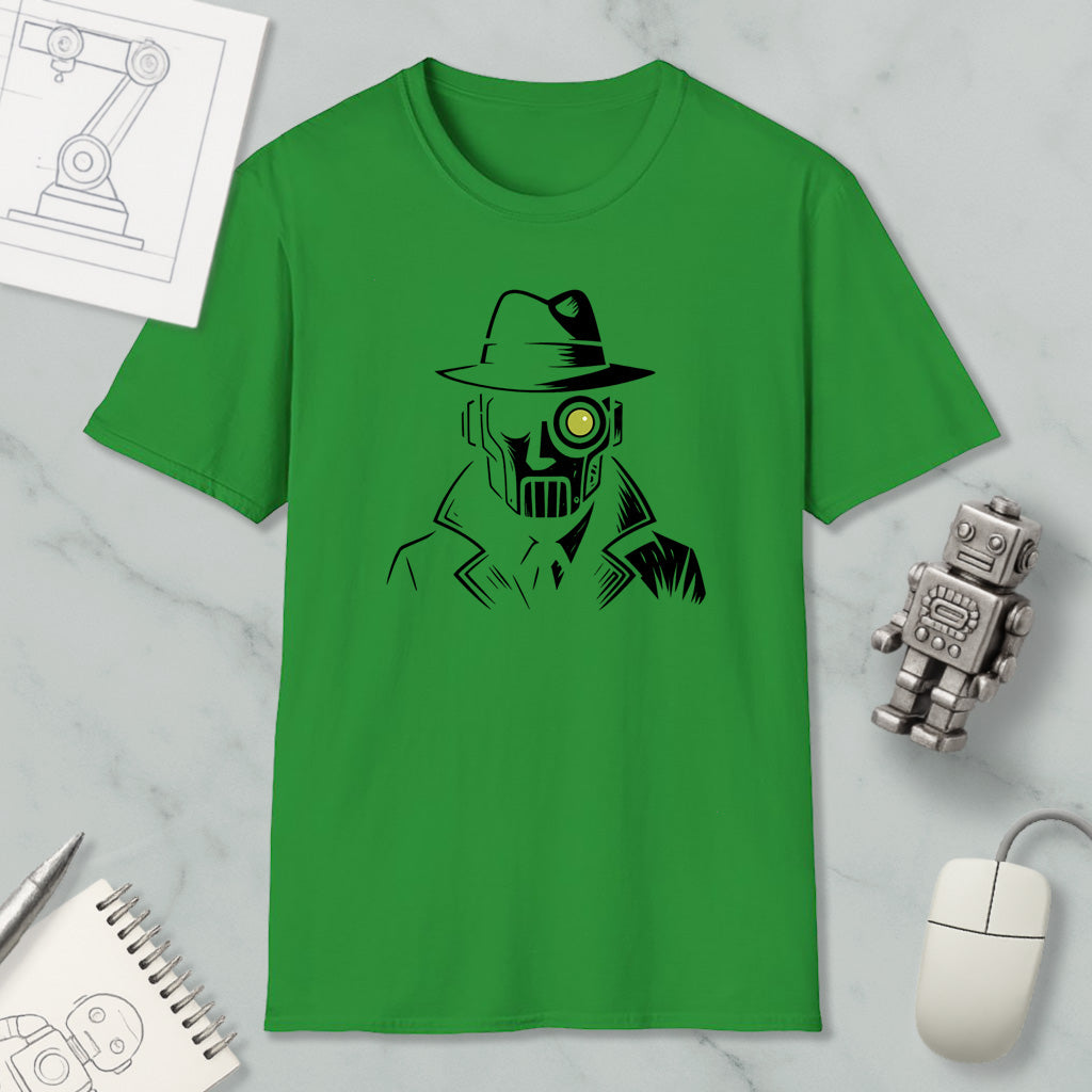 a green t-shirt with a graphic design of a man wearing a hat and a mask, along with a computer mouse and a notebook.