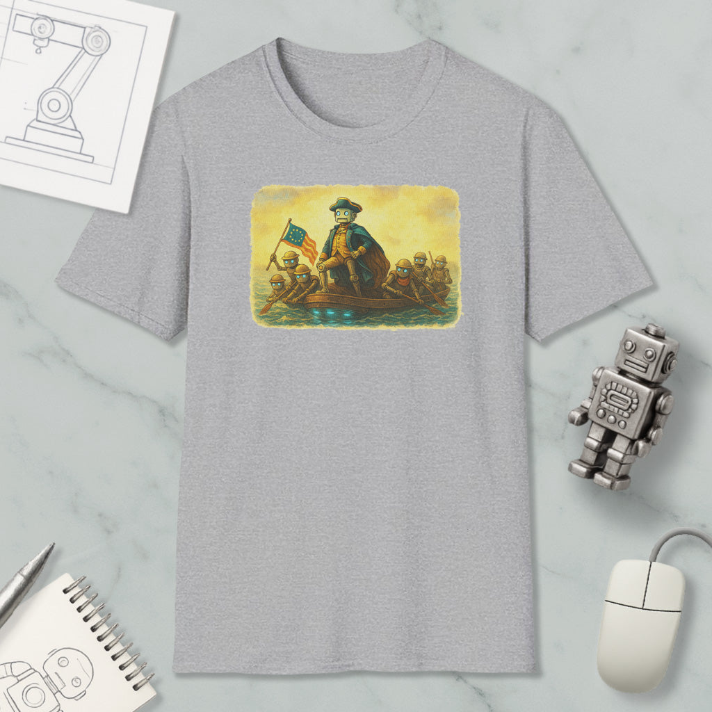 a gray t-shirt with a graphic design depicting a man on a boat, surrounded by other objects such as a computer mouse, a robot, and a piece of paper with a drawing.