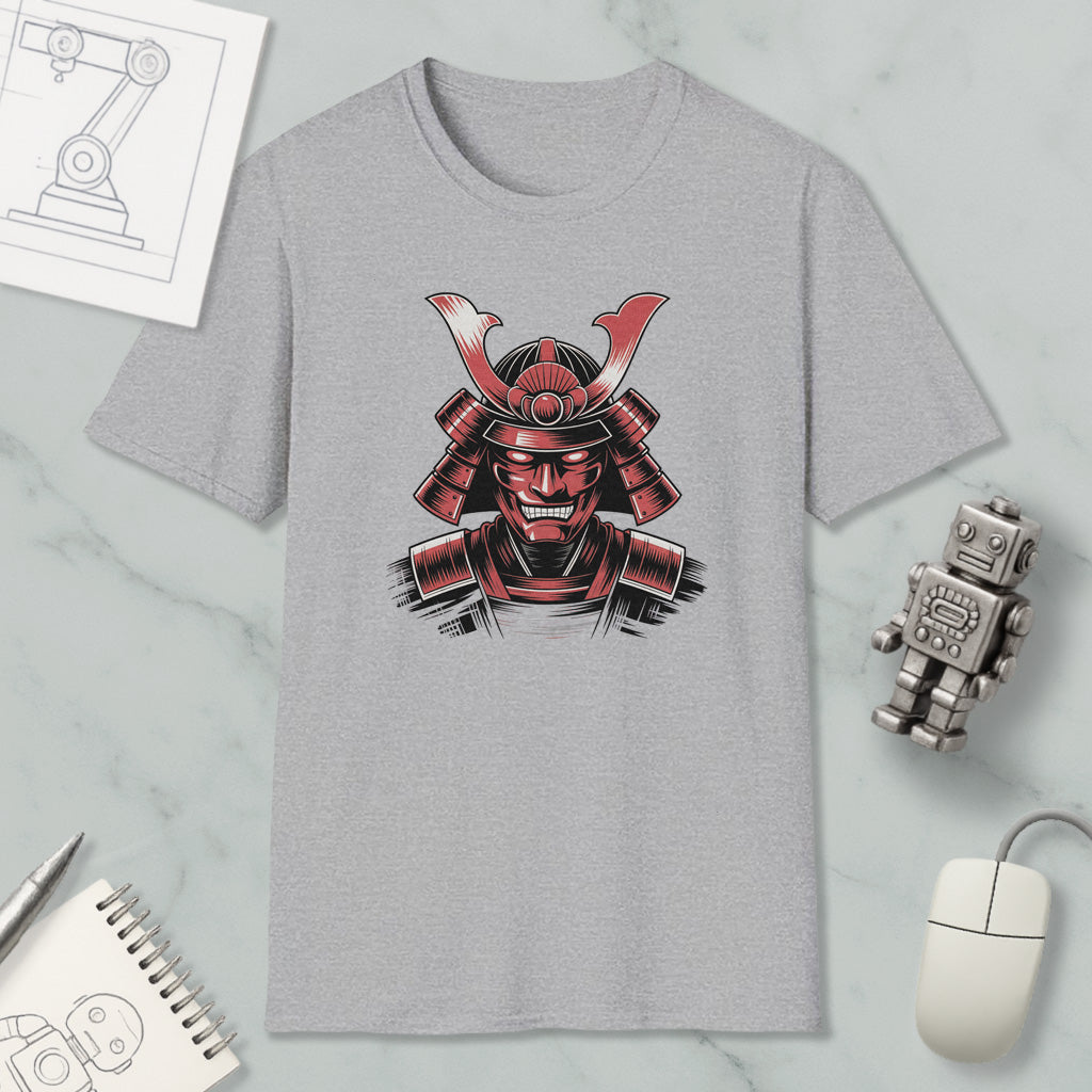a gray t-shirt with a graphic design of a red and black warrior helmet, along with a computer mouse, a notebook, and a robot figurine.