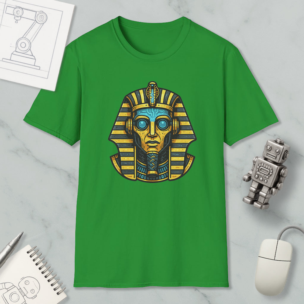a green t-shirt with an illustration of an Egyptian pharaoh's head, along with various objects such as a computer mouse, a notebook, and a robot.