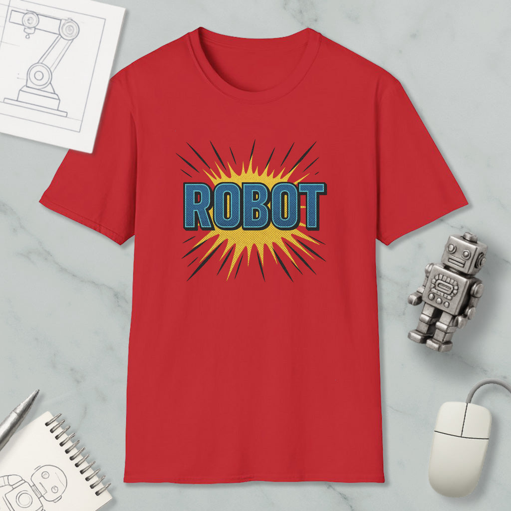 a red t-shirt with a graphic design of a robot, along with various objects such as a computer mouse, a notebook, and a sketch of a robot.