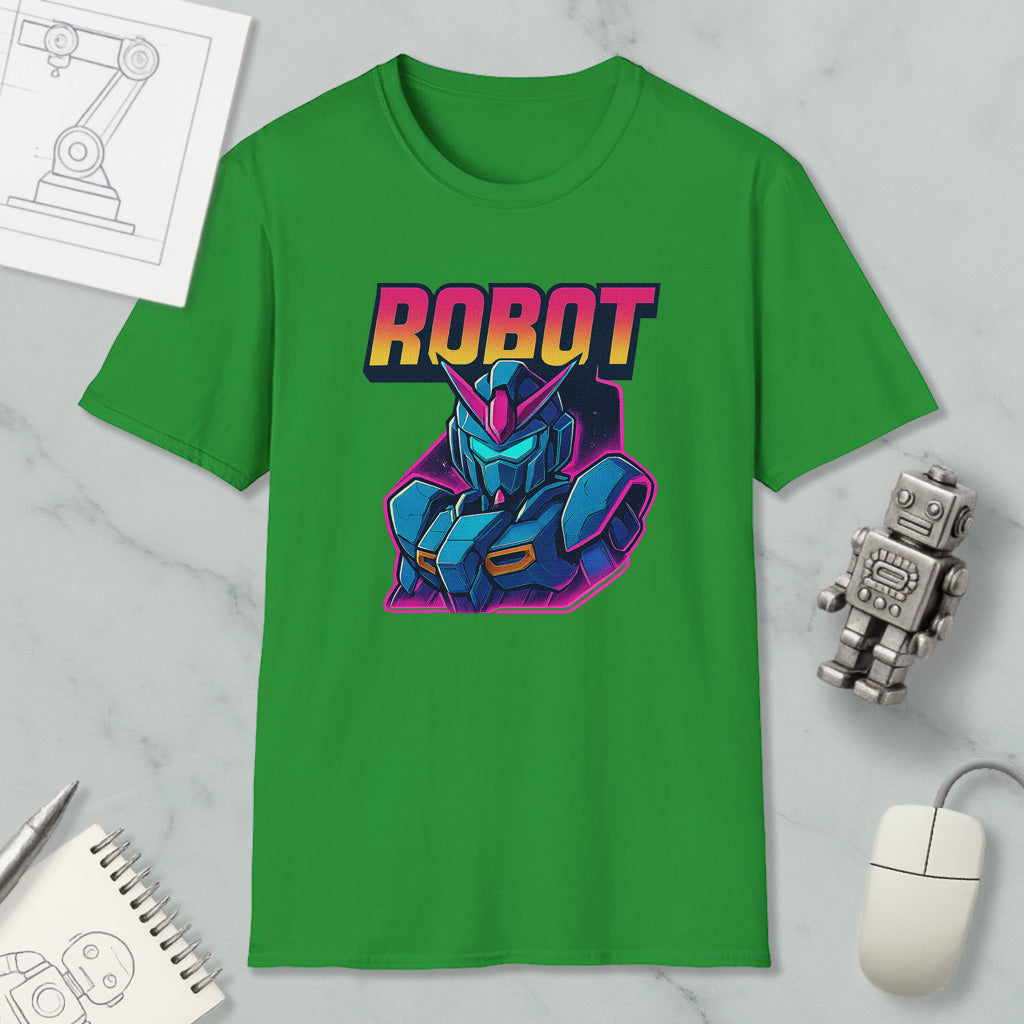 a green t-shirt with a graphic of a robot character, along with various objects such as a mouse, a notebook, and a pen.