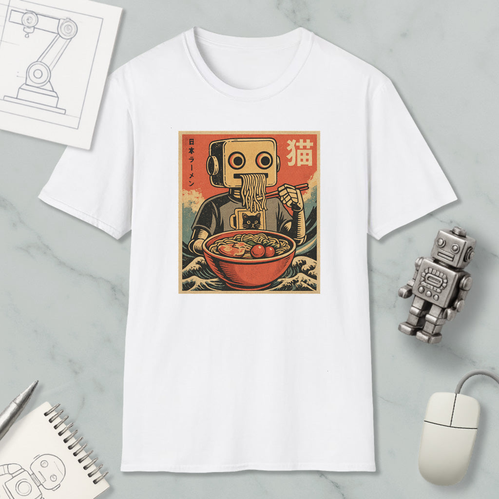 a white t-shirt with a graphic design depicting a robot eating noodles, surrounded by various objects such as a computer mouse, a notebook, and a robot figurine.