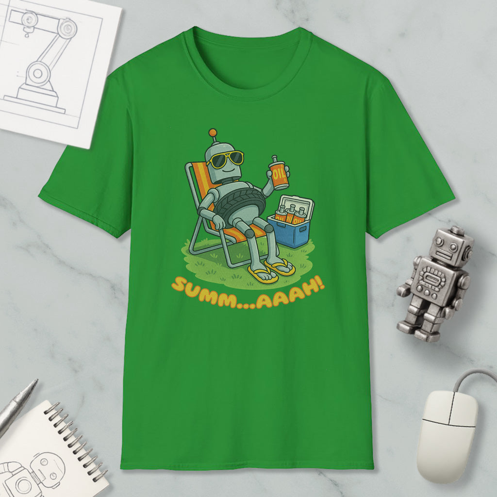 a green t-shirt with a cartoon robot sitting in a chair and holding a drink, accompanied by the text "SUMM...AAAH!"