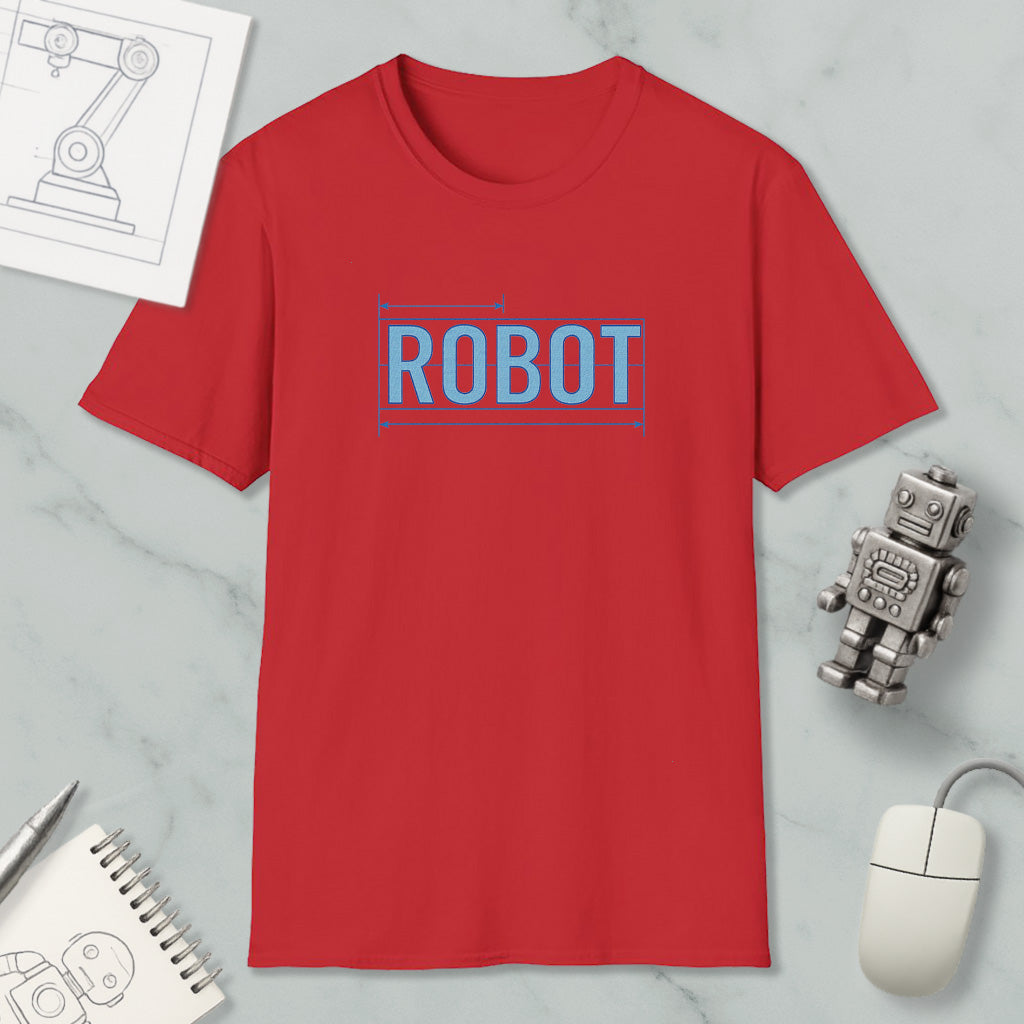 a red t-shirt with the word "ROBOT" printed on it, along with a computer mouse, a notebook, and a small robot figurine.