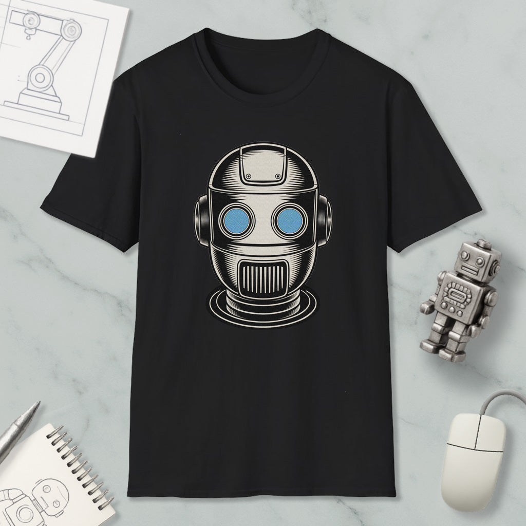 a black t-shirt with a graphic of a robot or robot head, along with a small robot figurine and a computer mouse.