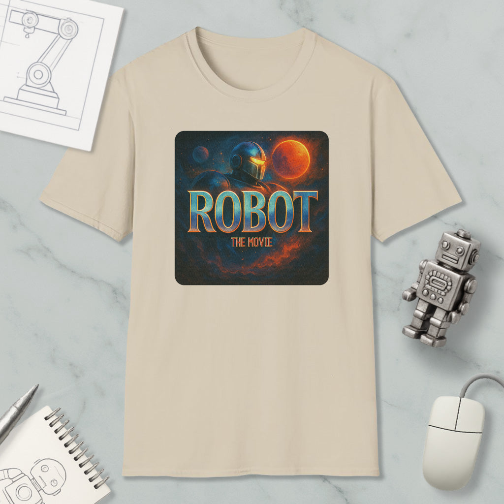 a beige t-shirt with a graphic design depicting a robot and a space scene, along with the text "ROBOT THE MOVIE".