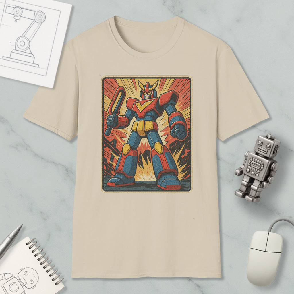 a t-shirt with a graphic of a robot character, along with various objects such as a computer mouse, a notebook, and a pen.