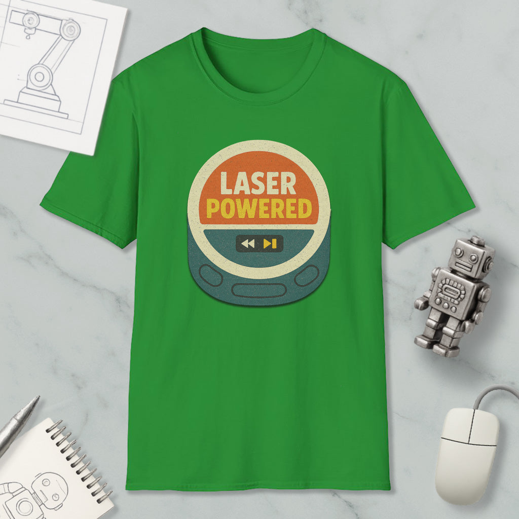 a green t-shirt with a graphic design that says "LASER POWERED" and a robot figure, along with a computer mouse and a notebook.