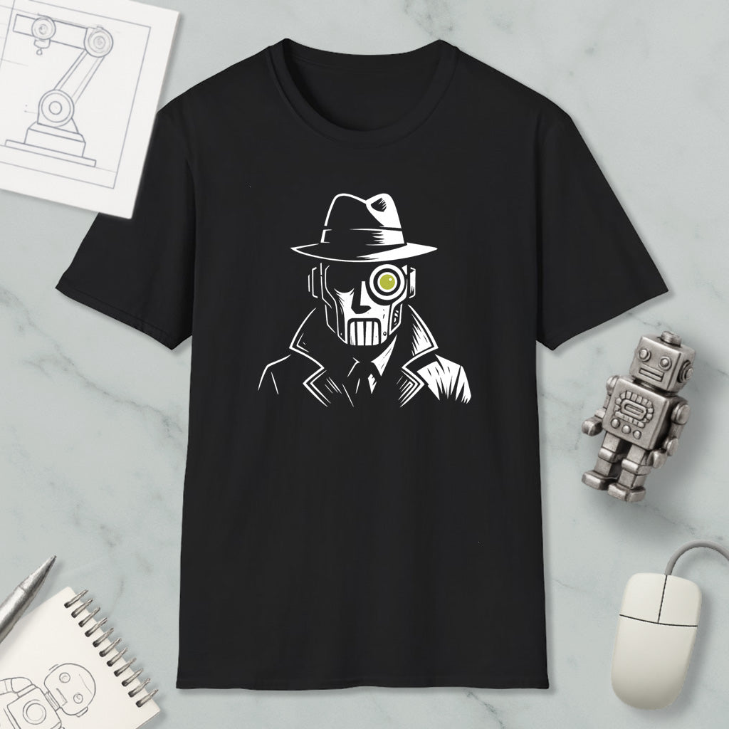 a black t-shirt with a white graphic design depicting a man wearing a hat and a mask, with a yellow eye patch. The t-shirt is placed on a marble surface, along with a computer mouse, a pen, and a notebook.