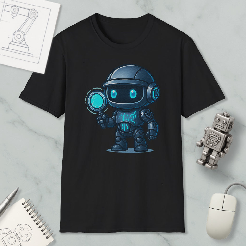 a black t-shirt with a graphic of a robot character holding a blue light, surrounded by various objects such as a computer mouse, a notebook, and a pen.