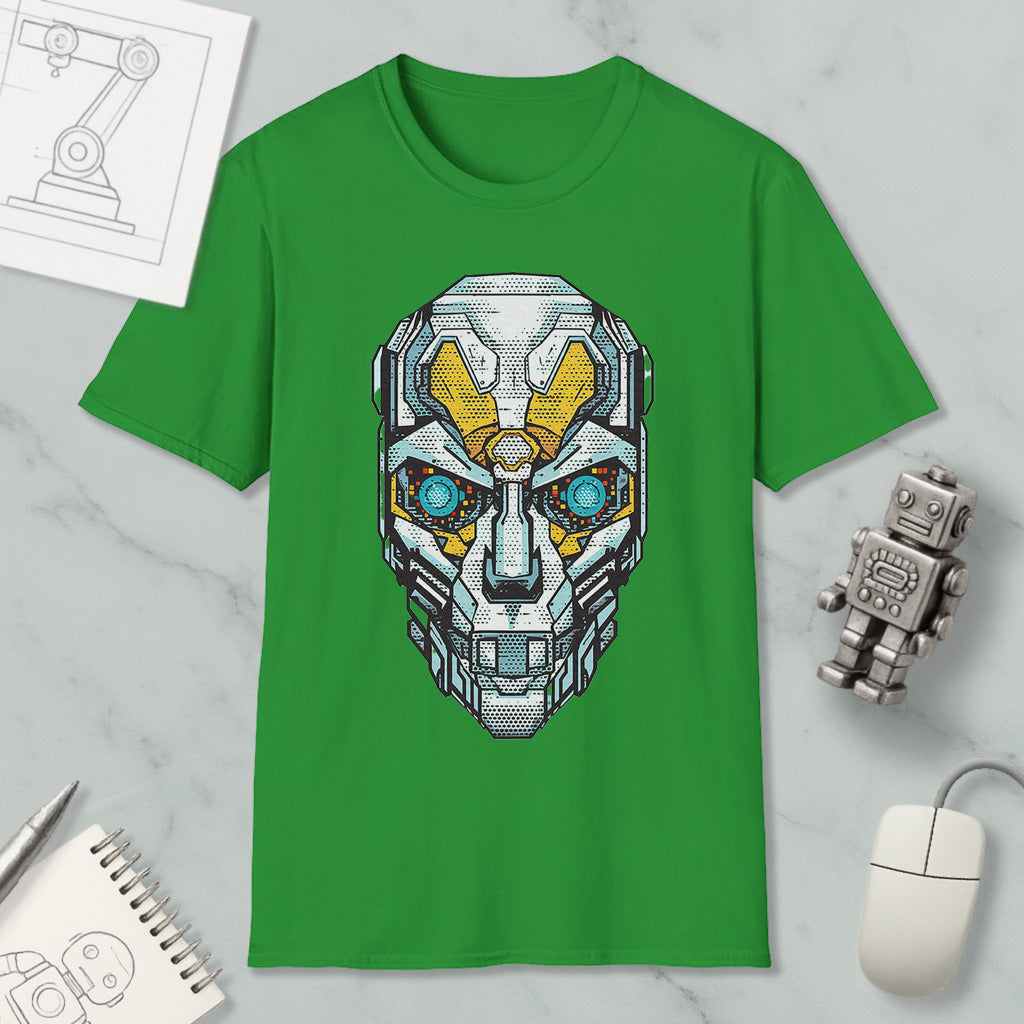 a green t-shirt with a graphic design of a robot or cyborg face, along with various objects such as a computer mouse, a notebook, and a pen.