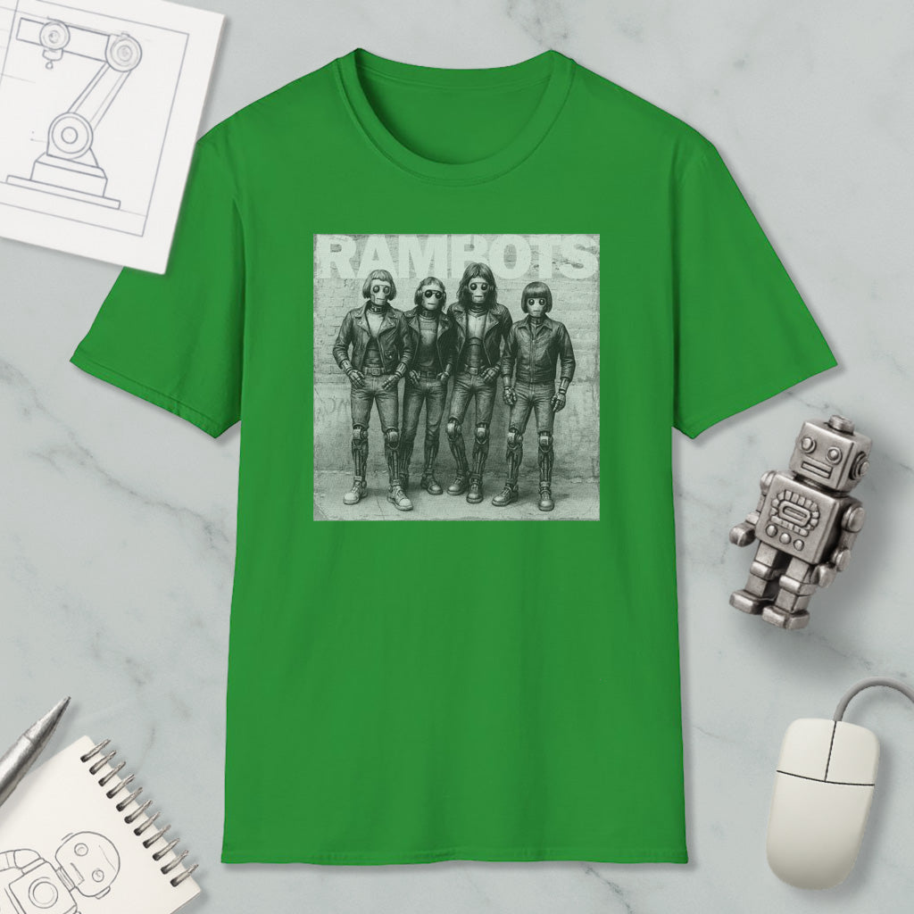 a green t-shirt with a black and white photograph of four people, along with the word "RAMPOTS" printed on it. The t-shirt is displayed on a marble surface, accompanied by a computer mouse, a notepad, and a small robot figurine.
