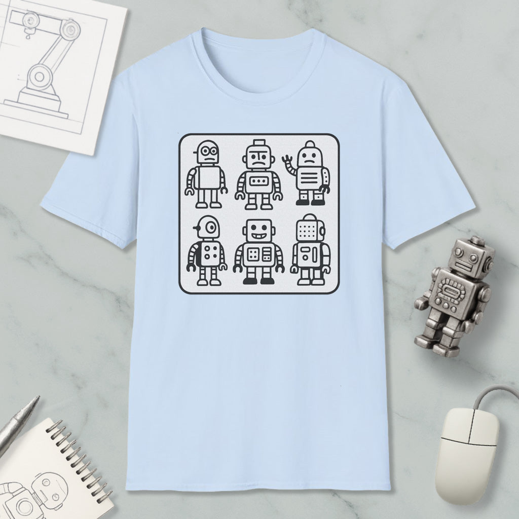 a light blue t-shirt with a graphic design of six cartoon-style robots, along with various objects such as a computer mouse, a notebook, and a pen.