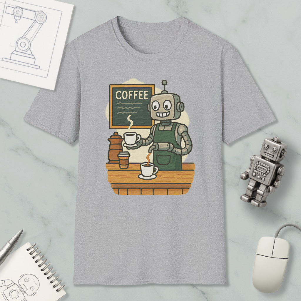 a gray t-shirt with a cartoon illustration of a robot barista serving coffee, along with various objects such as a coffee cup, a spoon, a keyboard, and a mouse.