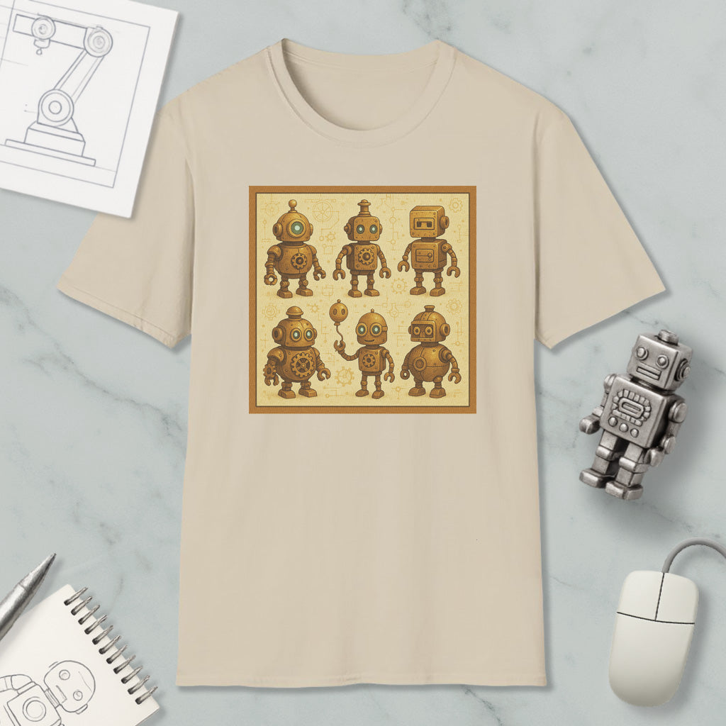 a beige t-shirt with a square design of six cartoon-like robots, each with unique features and poses. The t-shirt is placed on a marble surface, surrounded by various objects such as a computer mouse, a pen, and a notebook.