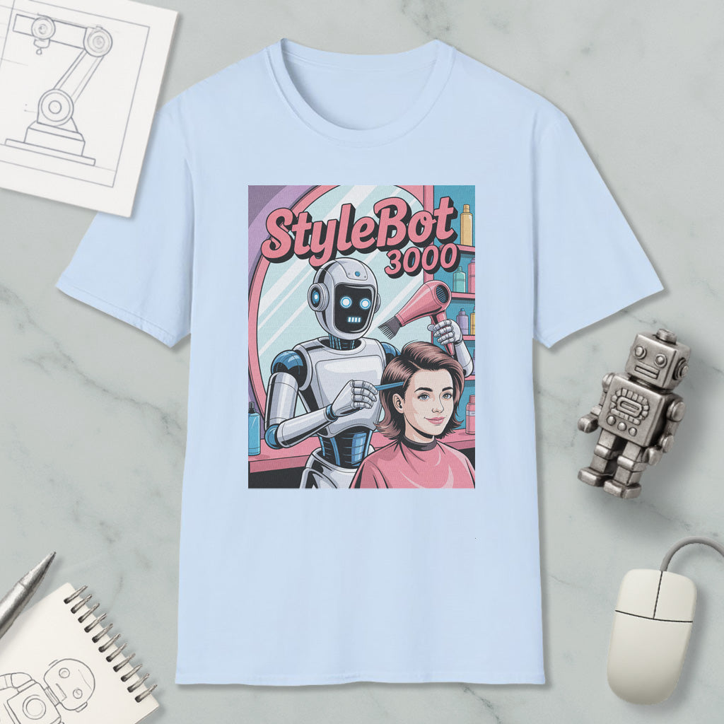 A light blue t-shirt with a graphic design depicting a robot hairdresser styling a woman's hair, along with a robot and a computer mouse.