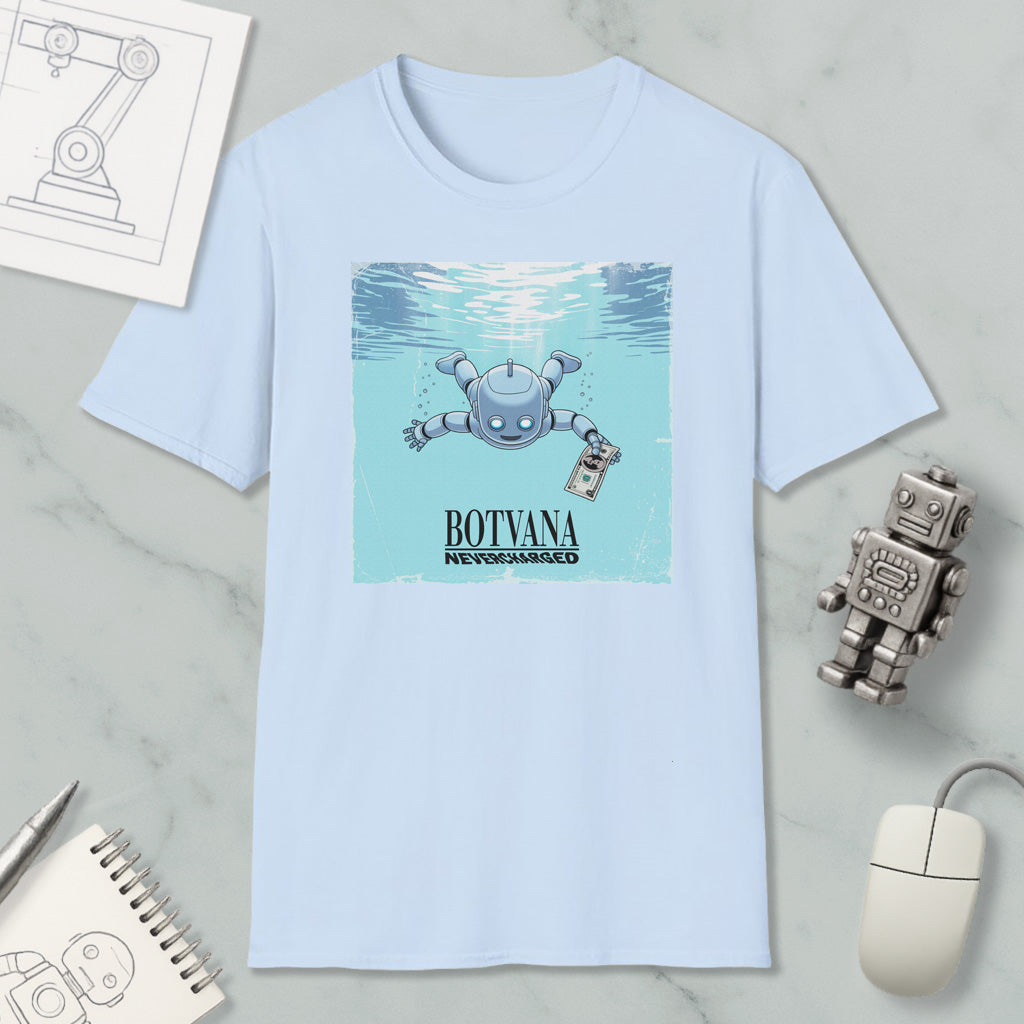 a light blue t-shirt with a graphic design of a robot swimming underwater, accompanied by the text "BOTYANA NAMED BOTYANA".