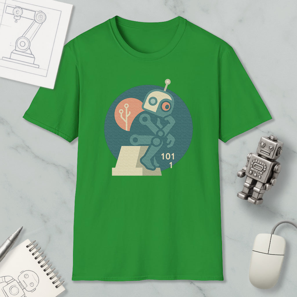 a green t-shirt with a graphic design of a robot, a computer mouse, and a notebook, all placed on a marble surface.