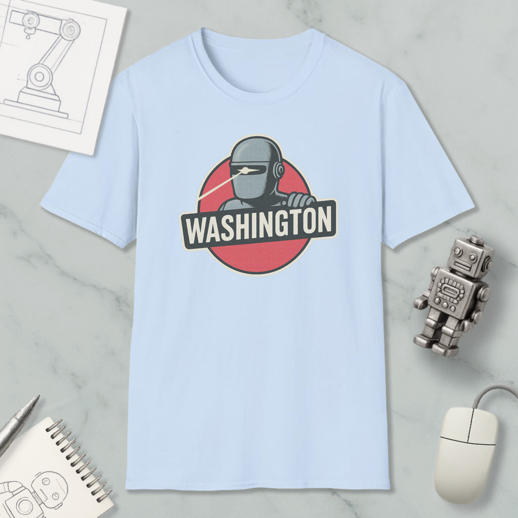 a light blue t-shirt with a graphic design of a robot and the word "WASHINGTON" printed on it, along with a computer mouse and a notebook.